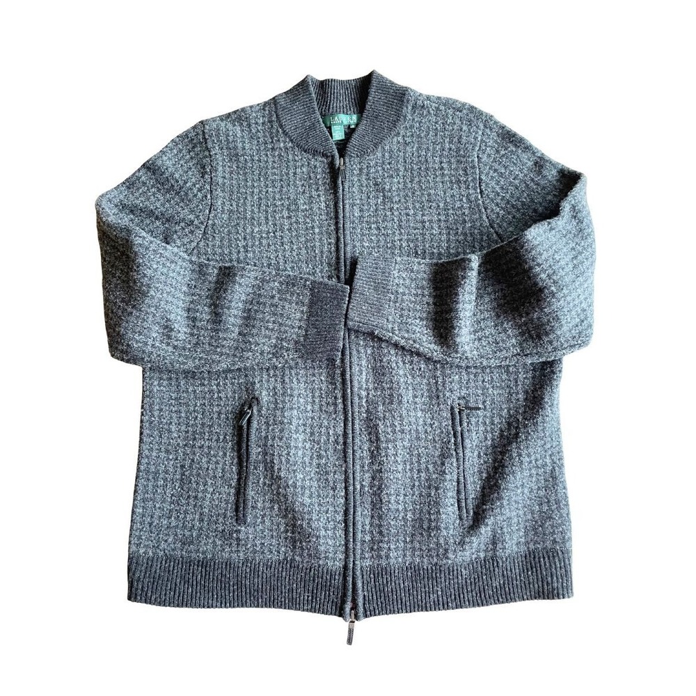 Lauren Ralph Lauren Lambswool Sweater Jacket Womens 1X Gray Full Zip Wool